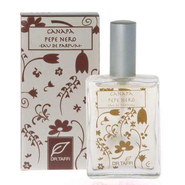 Flacone di profumo e scatola. Scritta: CANAPA PEPE NERO, EAU DE PARFUM. Marchio: DR.TAFFI. Motivi floreali su scatola e flacone.