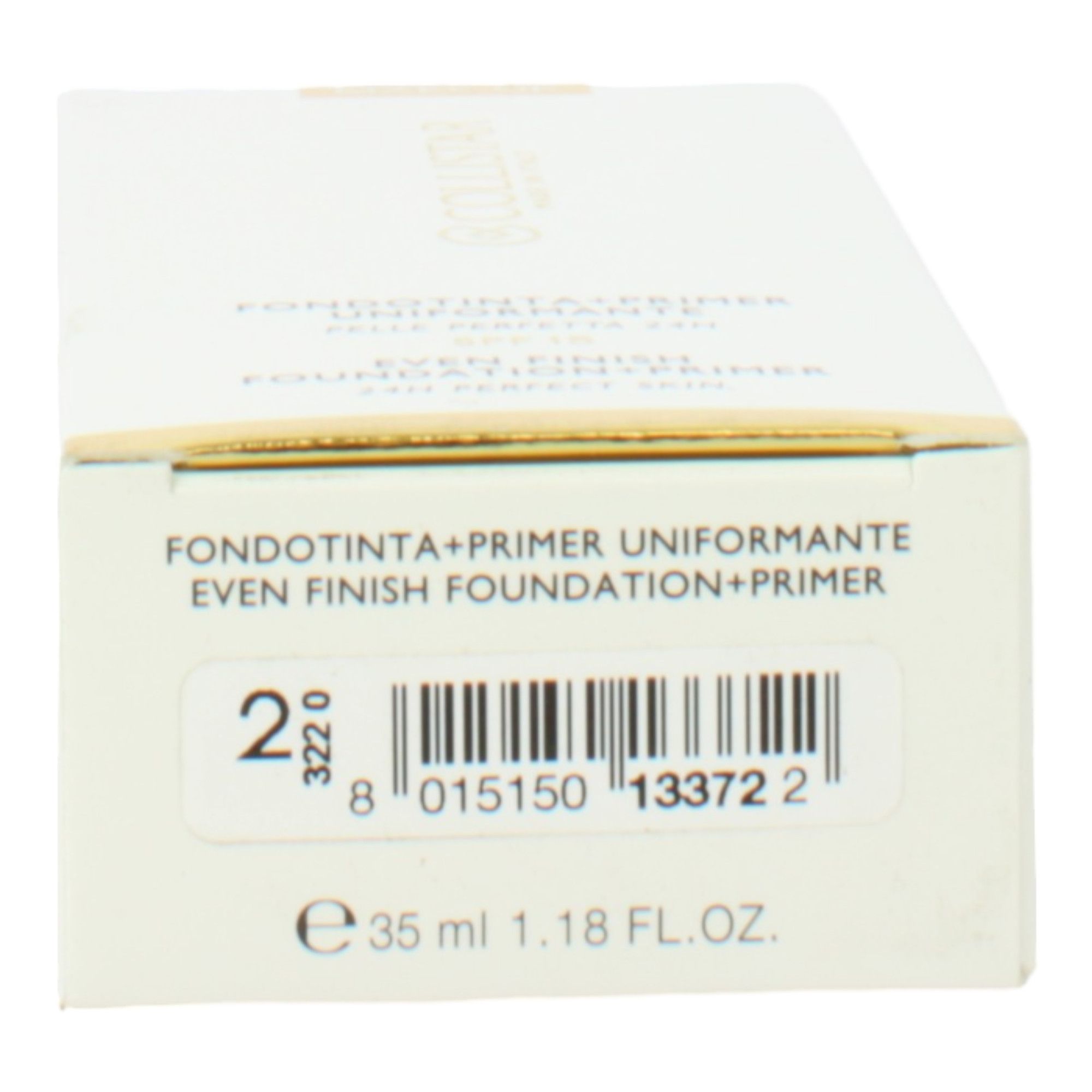 Confezione. Testo: Fondotinta + Primer Uniformante, Even Finish Foundation + Primer. Codice a barre, numero 2, 35 ml.