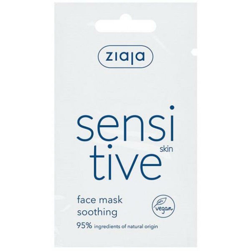 Maschera viso Ziaja Sensitive. Confezione bianca con testo blu: sensitive, face mask, soothing. Sigillo vegano. 95% ingredienti naturali.