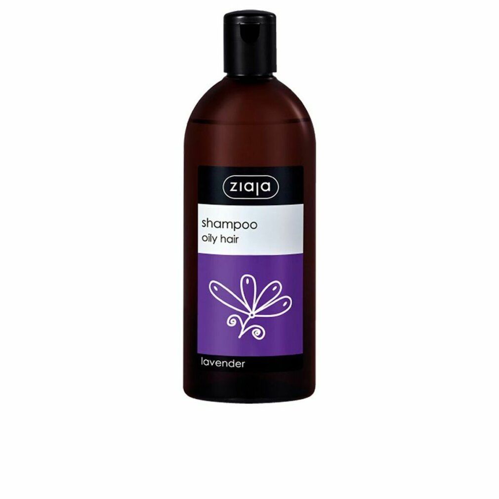 Flacone marrone con tappo nero. Etichetta con testo: Shampoo, oily hair, lavanda. Marchio: Ziaja.