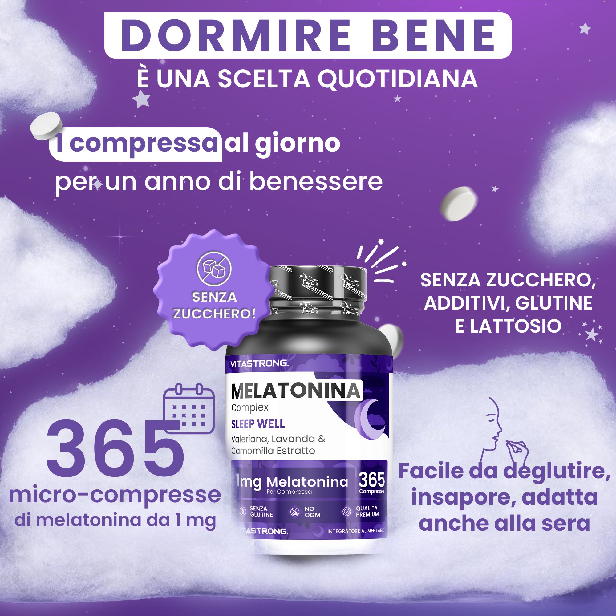 Donna che dorme. Testo: 1mg melatonina. Riduce il tempo per addormentarsi. Sfondo viola.