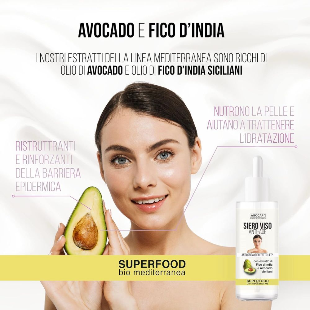 Flacone di siero viso. Scritta: Siero Viso Anti-Age. Con estratto di avocado e fico d'India. Superfood. Donna tiene avocado.
