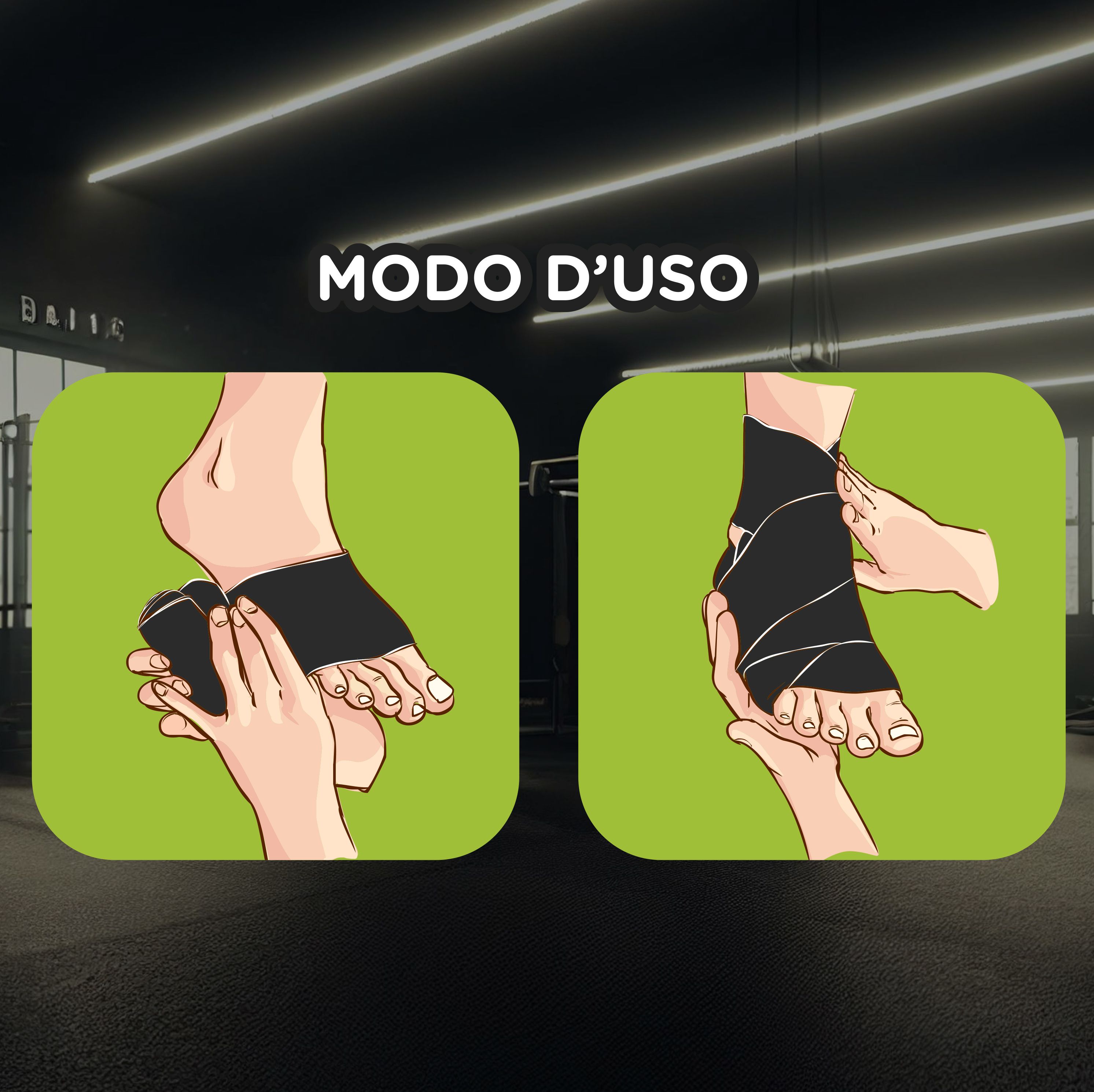 Due illustrazioni mostrano l'applicazione di una cavigliera nera. Testo: 'MODO D'USO'.