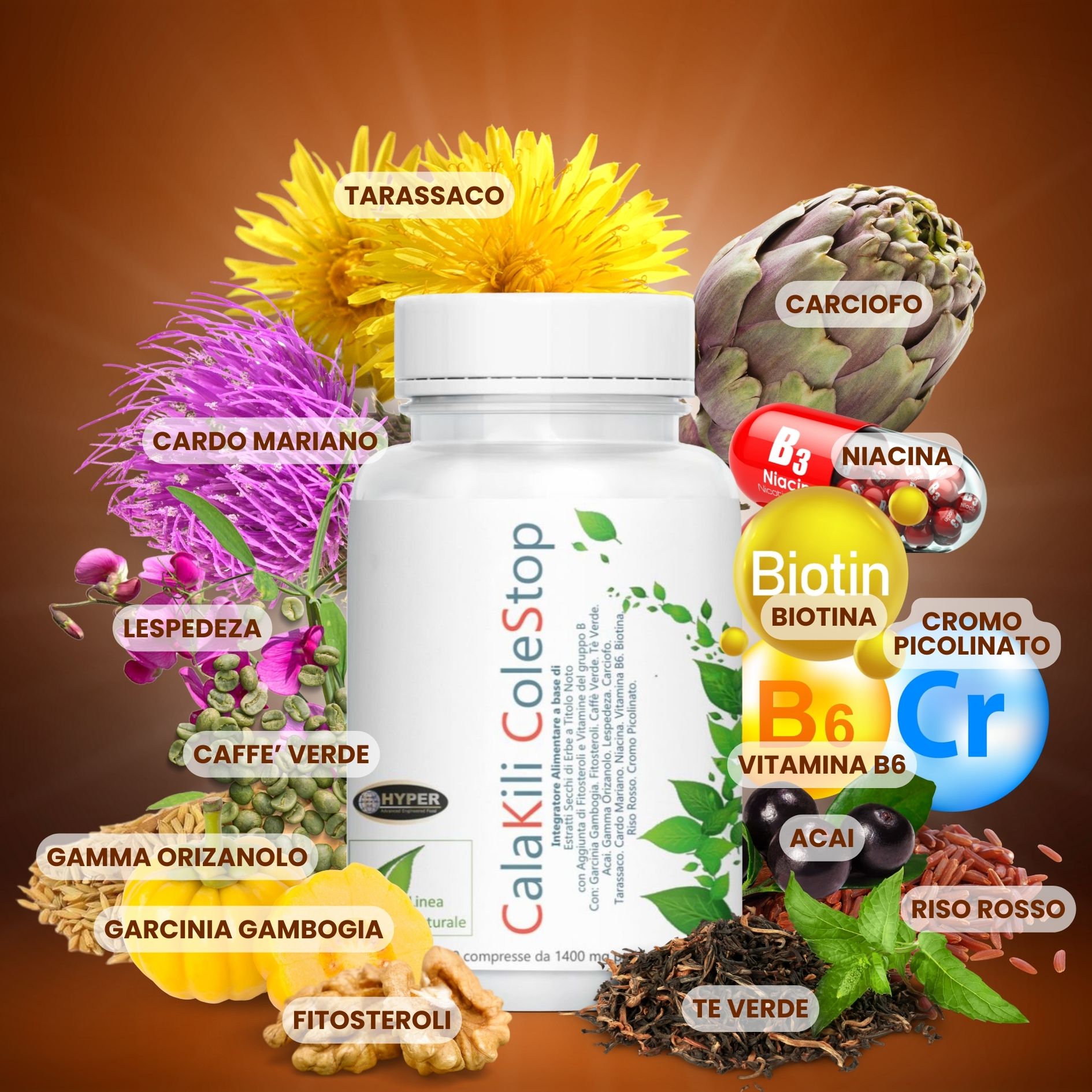 Flacone bianco di capsule. Scritta: CalaKili ColeStop. Circondato da erbe e vitamine. Sfondo: marrone.
