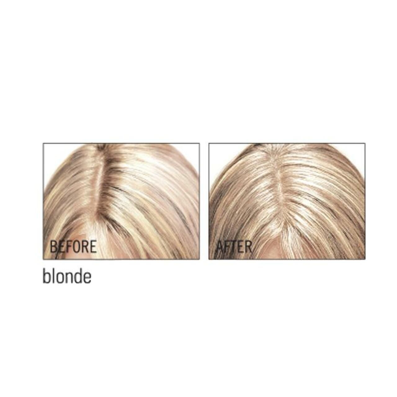 Immagini prima-dopo di capelli biondi. Mostra la copertura delle radici con Color Wow Root Cover Up. Didascalia: 'blonde'.