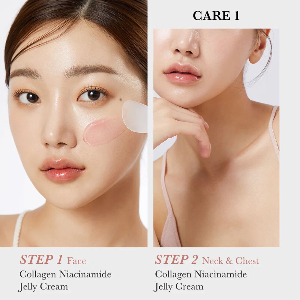 Viso di donna con crema. Testo: Collagen Niacinamide Jelly Cream. Sfondo rosa.