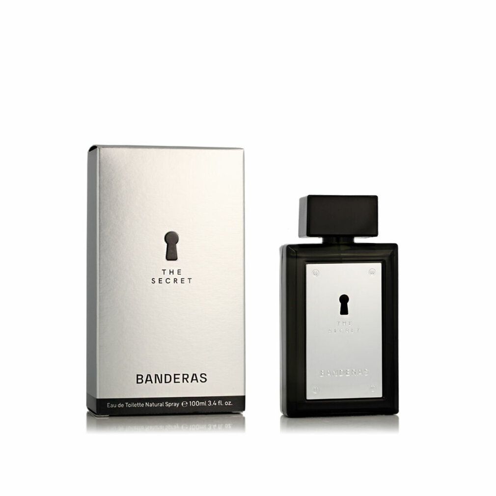 Antonio Banderas The Secret Eau de Toilette. Flacone e confezione con design a buco della serratura. Tappo nero, placca argentata.