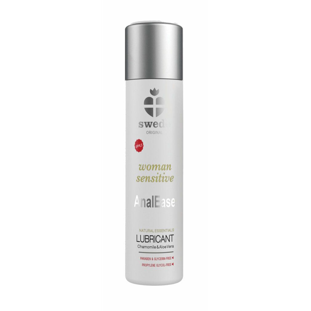 Flacone cilindrico con tappo argentato. Scritta: Swede, woman sensitive AnalEase, Lubricant. Con camomilla & aloe vera.