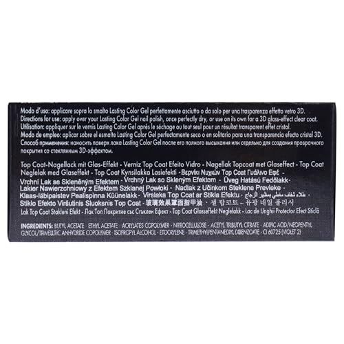 Confezione nera del prodotto con testo multilingue. Contiene ingredienti e istruzioni per l'uso dello smalto.