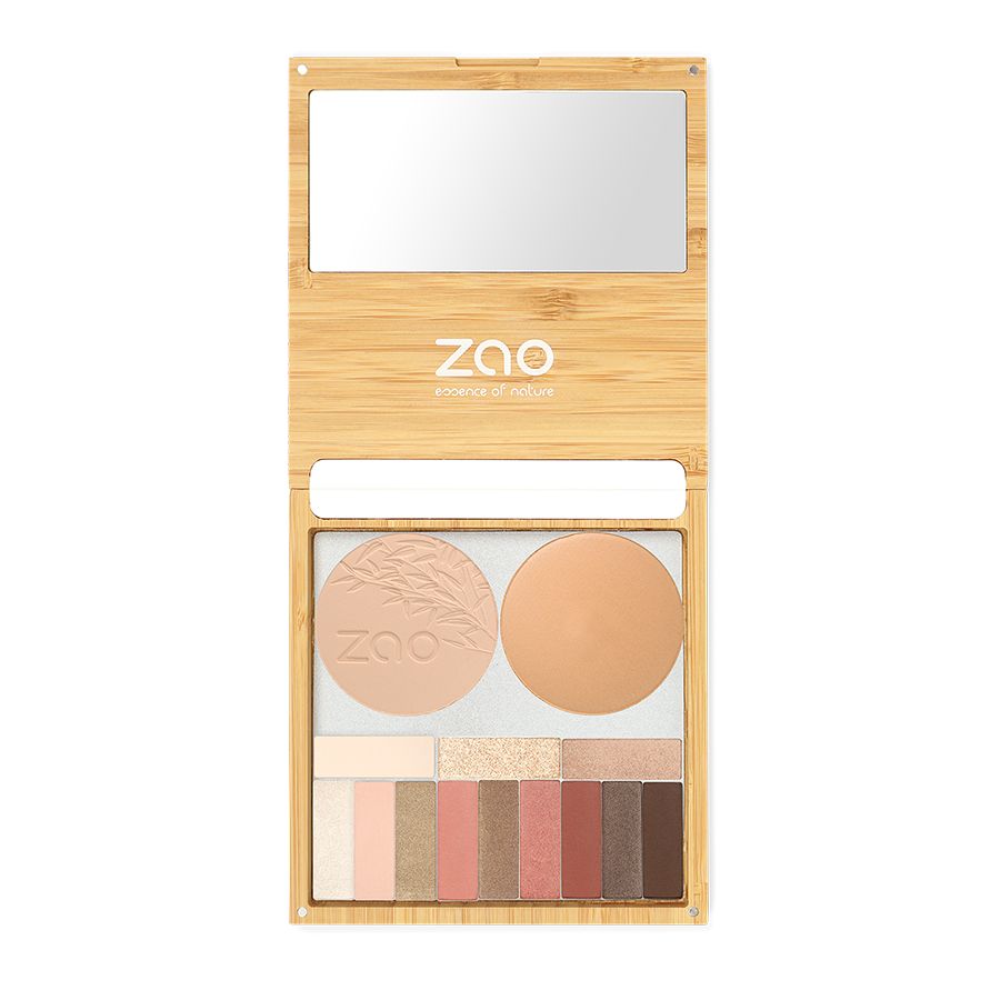 Palette trucco in bambù con specchio, cipria e ombretti. Marchio ZAO.