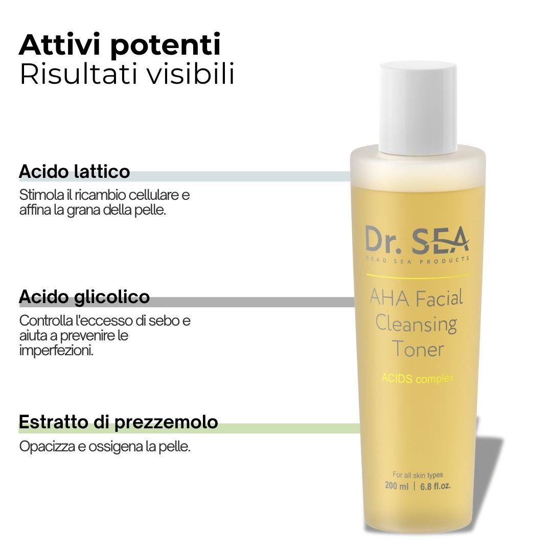 Dr. SEA AHA Facial Cleansing Toner. Bottiglia di liquido giallo. Testo: AHA Facial Cleansing Toner. Ingredienti: acido lattico, glicolico, estratto di prezzemolo.