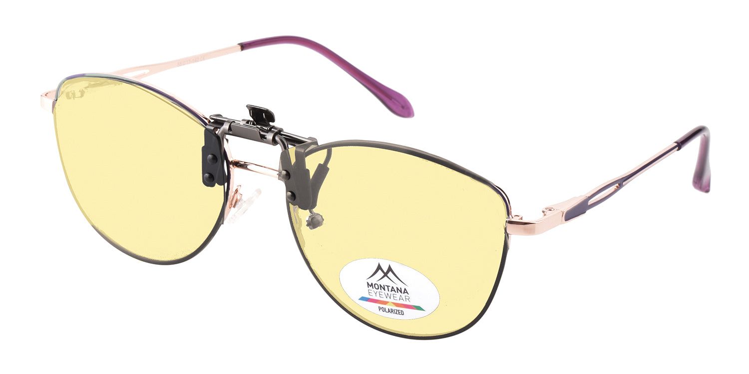 Occhiali da sole con lenti gialle e clip-on. Logo Montana Eyewear. Aste degli occhiali.
