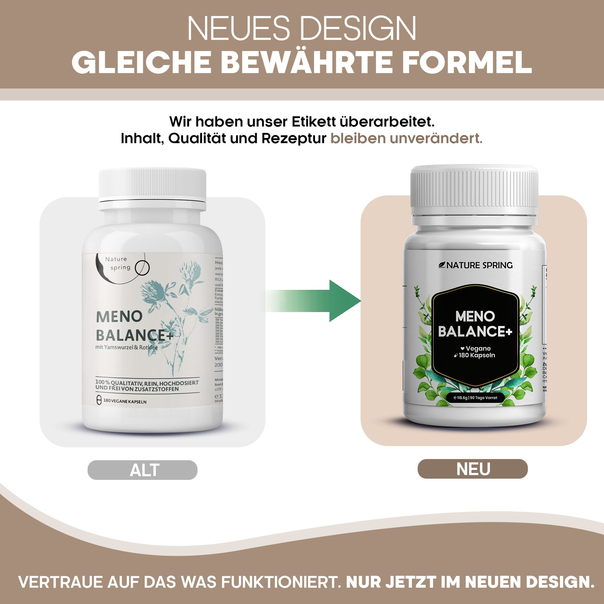 Confronto: vecchia e nuova confezione delle capsule Nature Spring Meno Balance+.