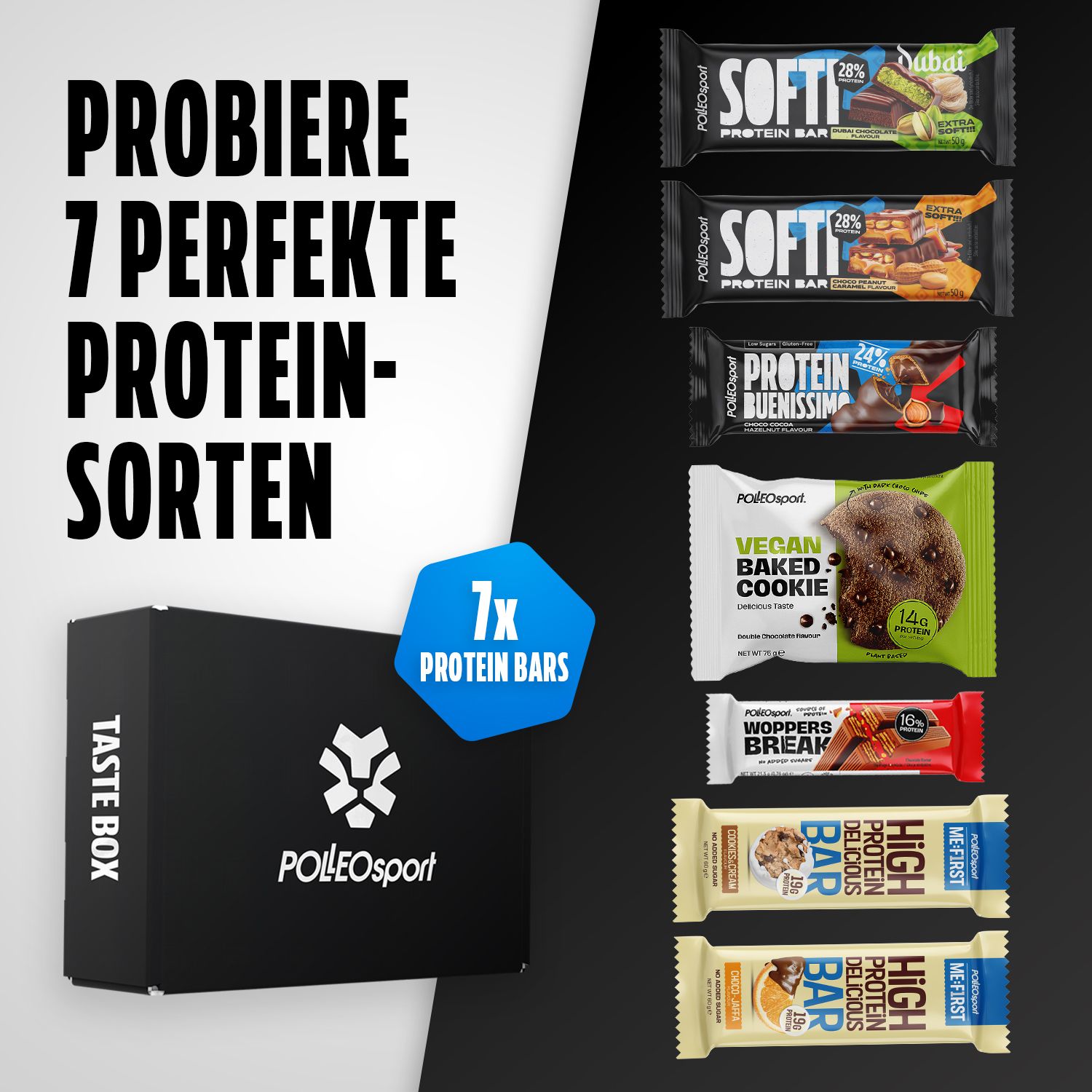 Scatola nera con scritta Taste Box e logo PolleoSport. Sette barrette proteiche di gusti diversi.