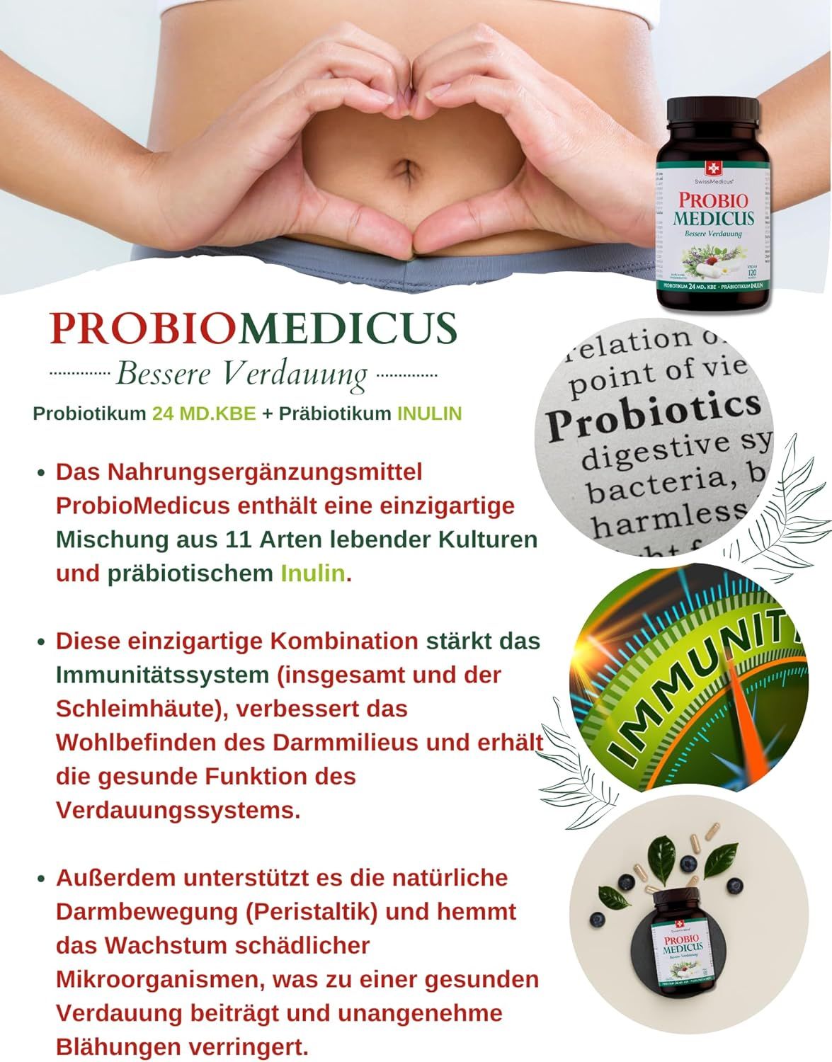 PROBIO MEDICUS. Testo: Migliore digestione. Contiene colture vive e inulina. Immagine: Intestino, immunità.
