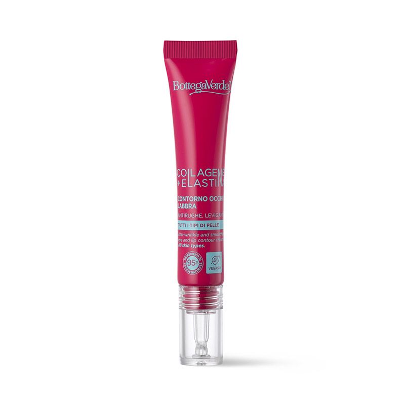 Tubo rosso con testo bianco. Nome prodotto: Bottega Verde. Testo: Collagene + Elastina, Contorno occhi e labbra, antirughe levigante.
