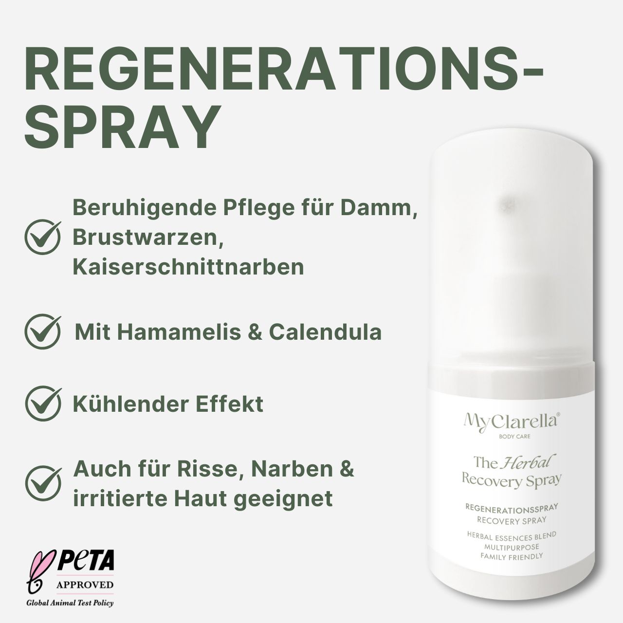 Spray rigenerante in flacone bianco. Testo: Cura lenitiva, con Hamamelis & Calendula, effetto rinfrescante. Logo PETA.