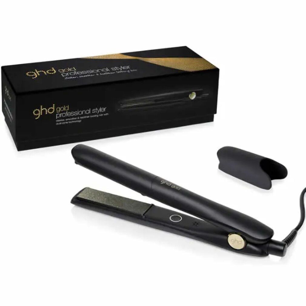 Piastra nera con protezione termica nera e confezione. Scritta: ghd gold professional styler.