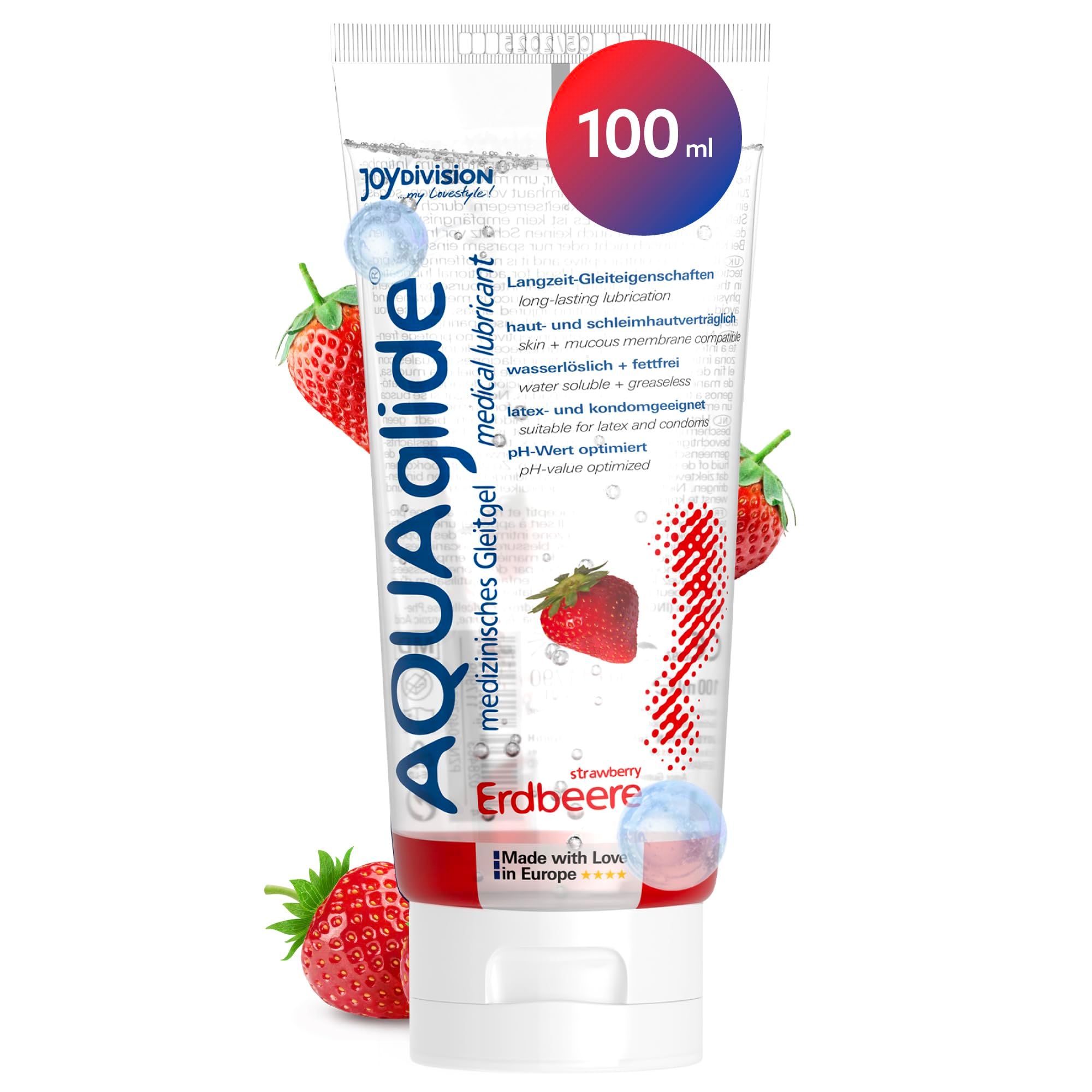 Tubo di gel lubrificante AquaGlade Fragola, con fragole e bolle d'acqua.