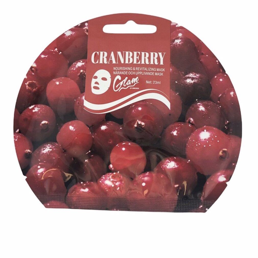 Maschera viso rotonda con motivo mirtilli rossi. Scritta "Cranberry" e "Glam of Sweden".