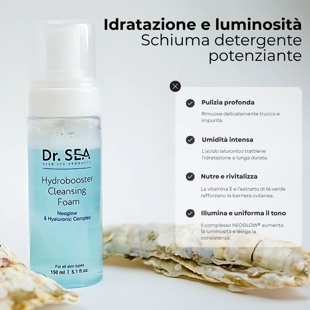 Flacone con testo e infografica. Testo: Idratazione e luminosità. Vantaggi: Pulizia profonda, idratazione, nutrimento, luminosità.