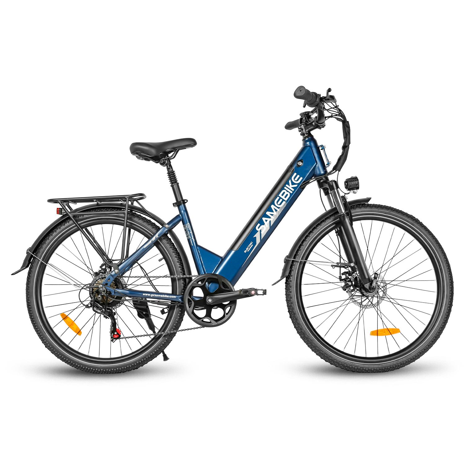 E-bike blu. Marchio SAMEBIKE. Pneumatici neri, parafanghi, portapacchi. Faro e fanale.
