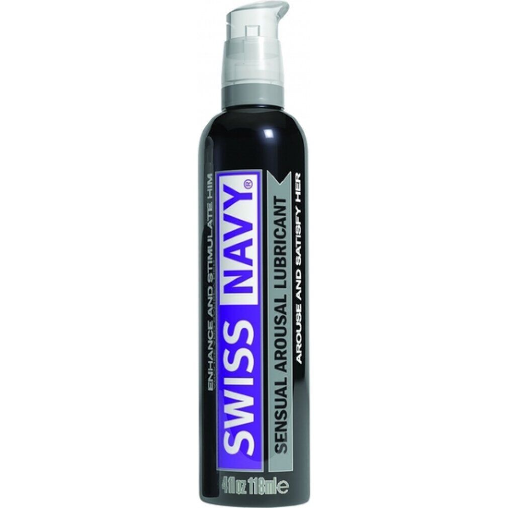 Flacone scuro con pompa. Scritta: Swiss Navy. Sensual Arousal Lubricant. Accenti viola e bianchi. 4 fl oz.