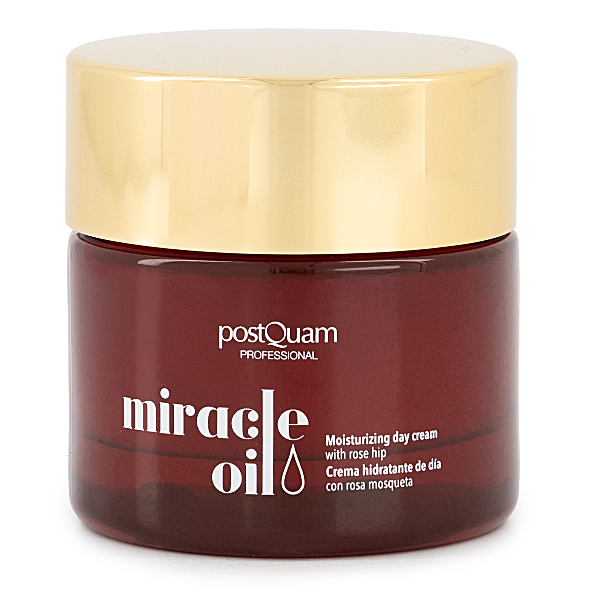 Vaso di crema marrone con coperchio dorato. Scritta: Postquam Professional, Miracle Oil. Testo: Moisturizing day cream with rose hip.
