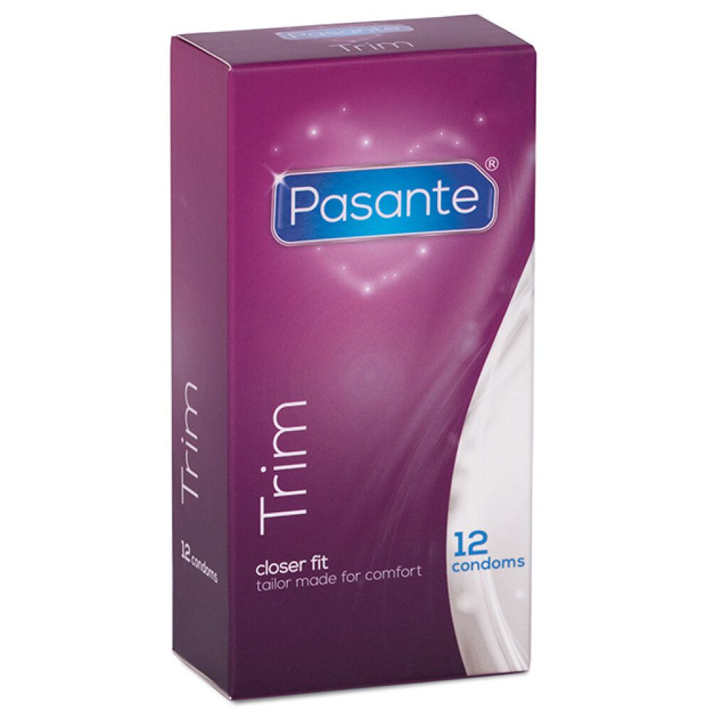 Confezione di preservativi Pasante Trim. Scatola viola con nome del prodotto e 12 preservativi. Closer Fit.
