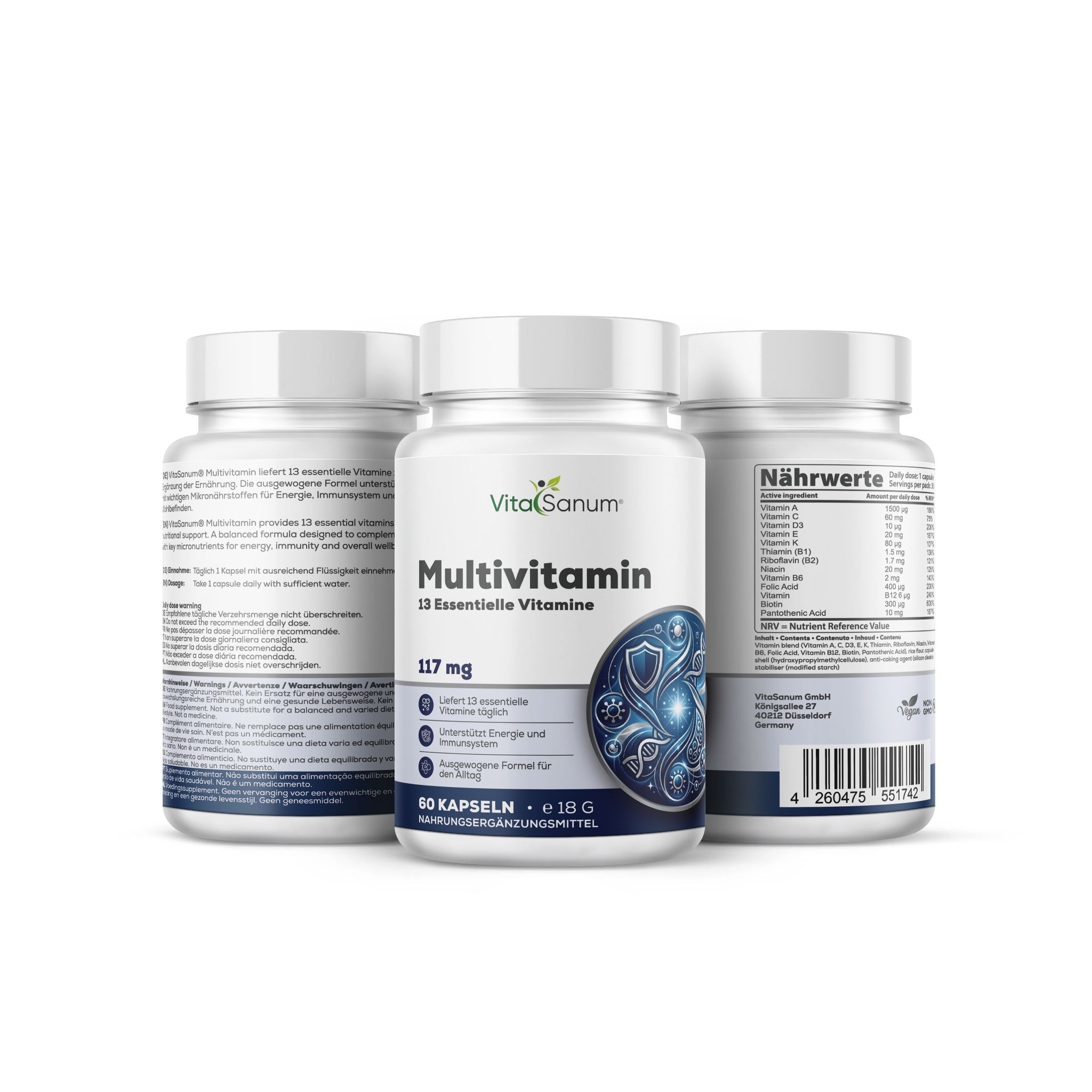 VitaSanum Multivitaminici: Tre contenitori da 60 capsule vegane ciascuno, 13 vitamine essenziali.
