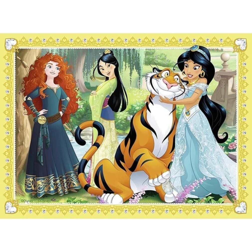 Puzzle con Merida, Mulan, Jasmine e una tigre. Cornice gialla. Personaggi in un paesaggio di giardino.