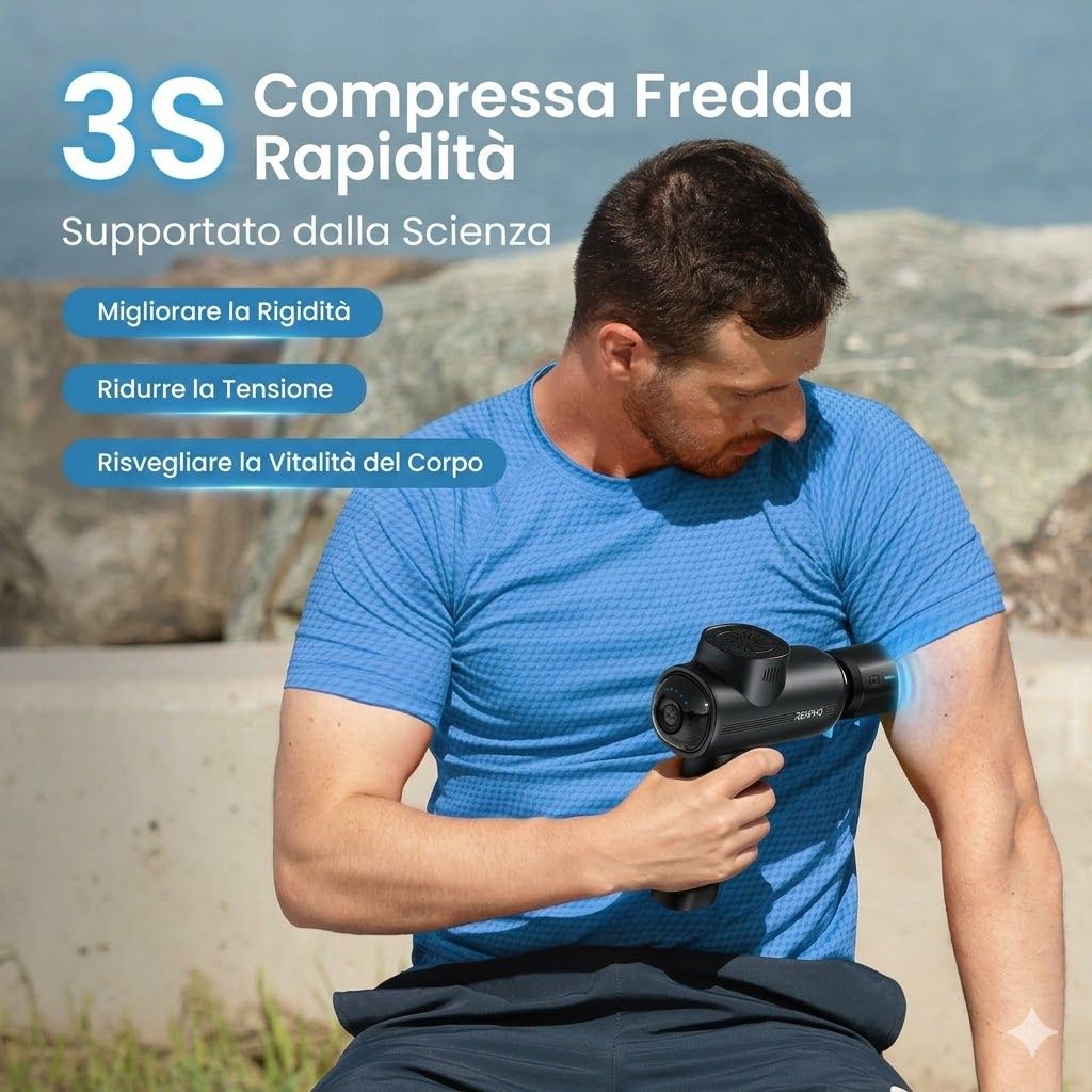 Uomo che massaggia il braccio con un massaggiatore nero. Testo: Compressa Fredda, migliora la rigidità, riduce la tensione.
