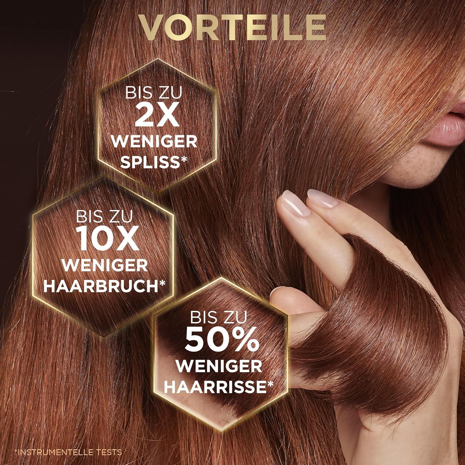 Capelli con sovrapposizioni di testo. Vantaggi: Fino a 2 volte meno doppie punte, fino a 10 volte meno rotture, fino al 50% in meno di crepe.