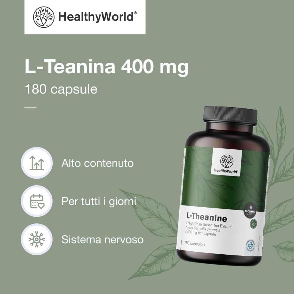 Flacone con capsule. Scritta: L-Teanina, 400 mg, 180 capsule. Marchio: HealthyWorld. Testo: Alto contenuto.