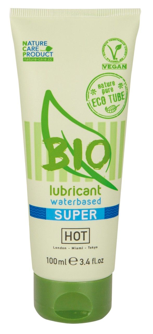 Tubo lubrificante HOT Bio Super, a base d'acqua, con etichetta 'Eco Tube' e sigillo Vegan.