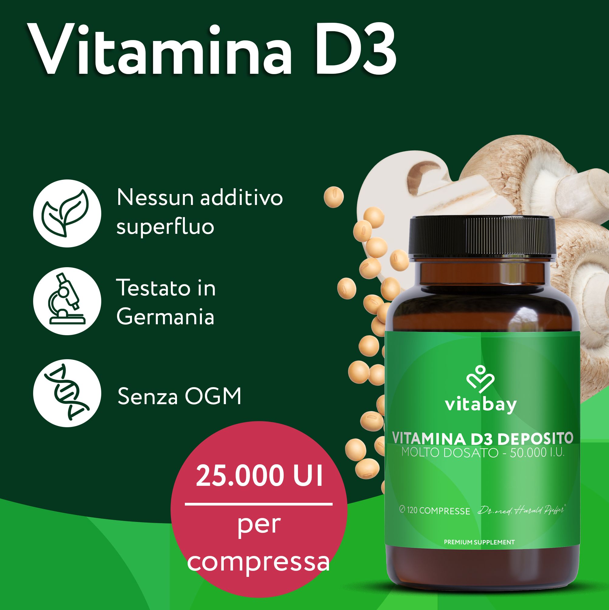 Flacone Vitabay Vitamina D3 Deposito davanti a pelle. Vitamina D per sistema immunitario e ossa.