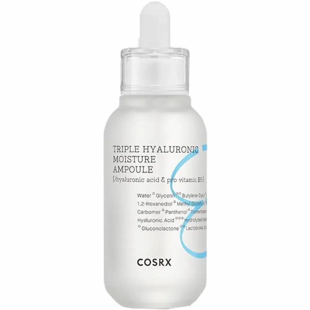 Fiala trasparente con contagocce. Scritta: Triple Hyaluronic Moisture Ampoule, COSRX. Ingredienti elencati.