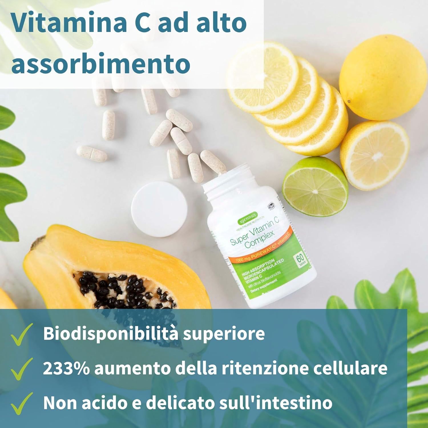 Compresse, flacone, papaya, limoni e lime. Testo: Vitamina C ad alto assorbimento.