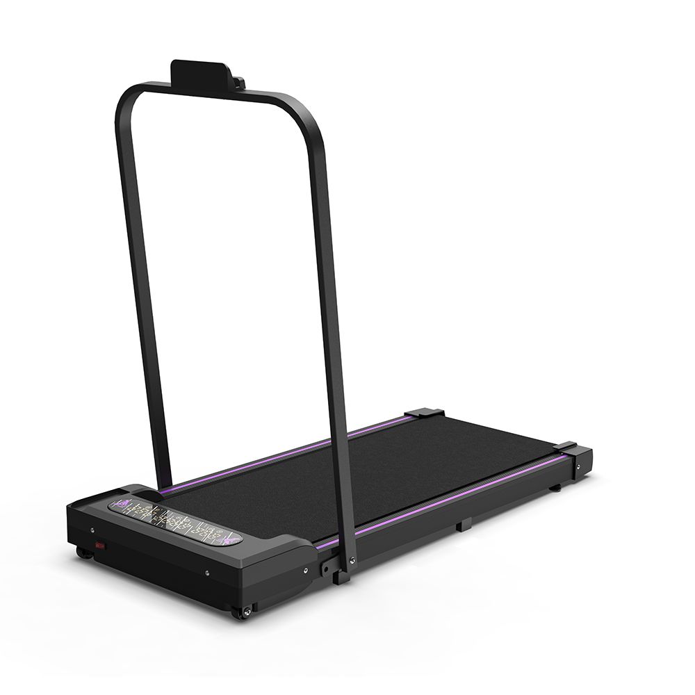 Tapis roulant pieghevole nero con display LED e corrimano. Vista obliqua, corrimano sollevato.