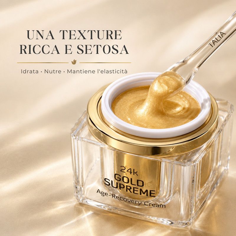 Un vasetto di 24k Gold Supreme Age-Recovery Cream con una spatola che preleva la crema dorata.