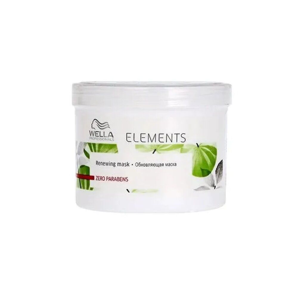 Vaso bianco con stampa verde. Scritta: ELEMENTS, Renewing Mask, Zero Parabens.