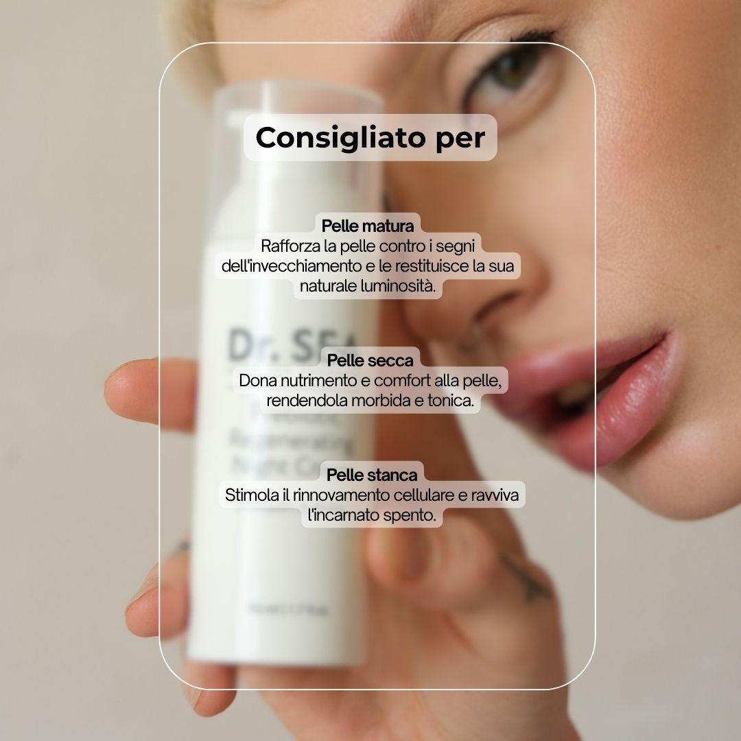 Donna che tiene in mano un flacone di crema. Testo: Consigliato per: Pelle matura, Pelle secca, Pelle stanca.