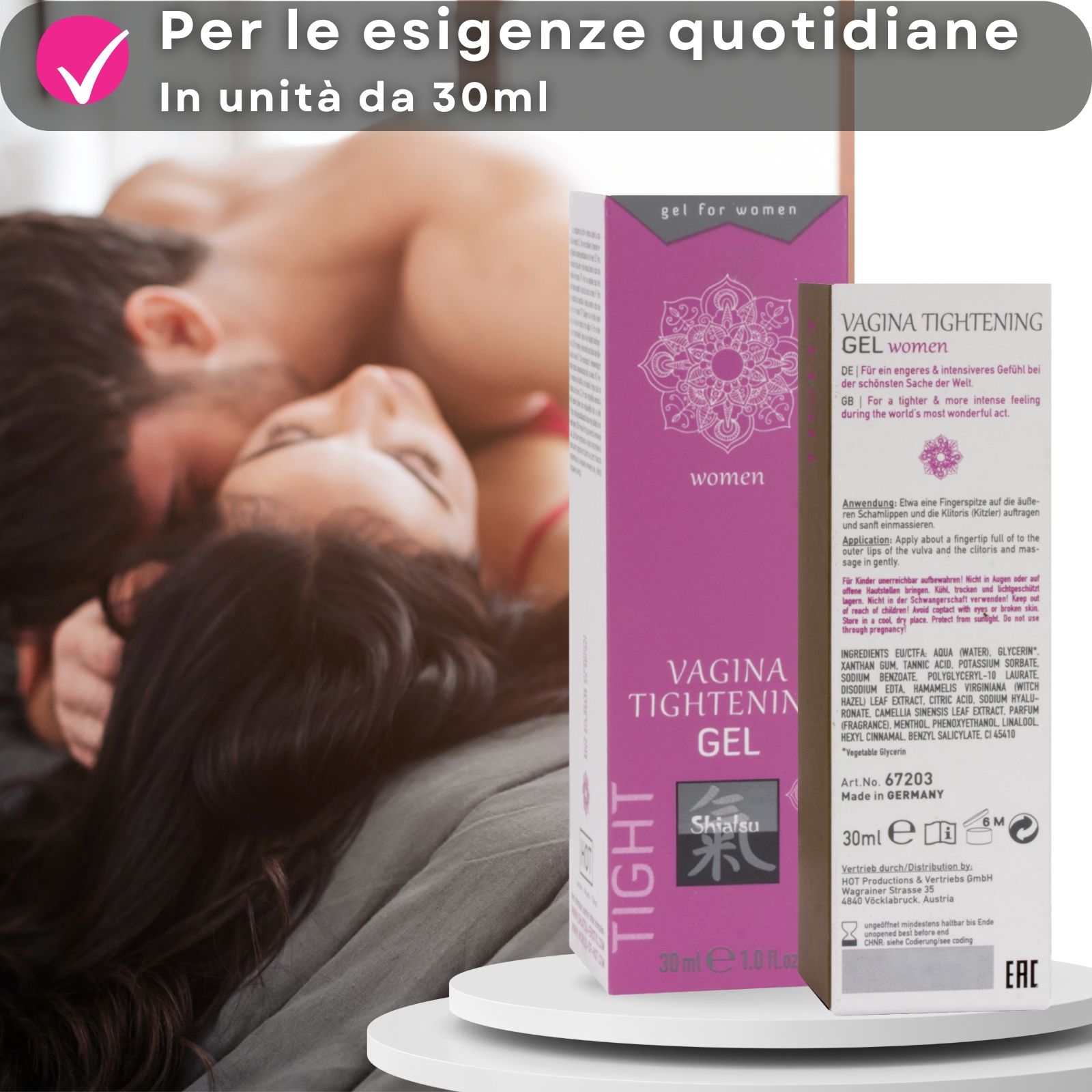 Prodotto e confezione. Vagina Tightening Gel. Tubo rosa. Testo e logo. Sfondo: coppia.