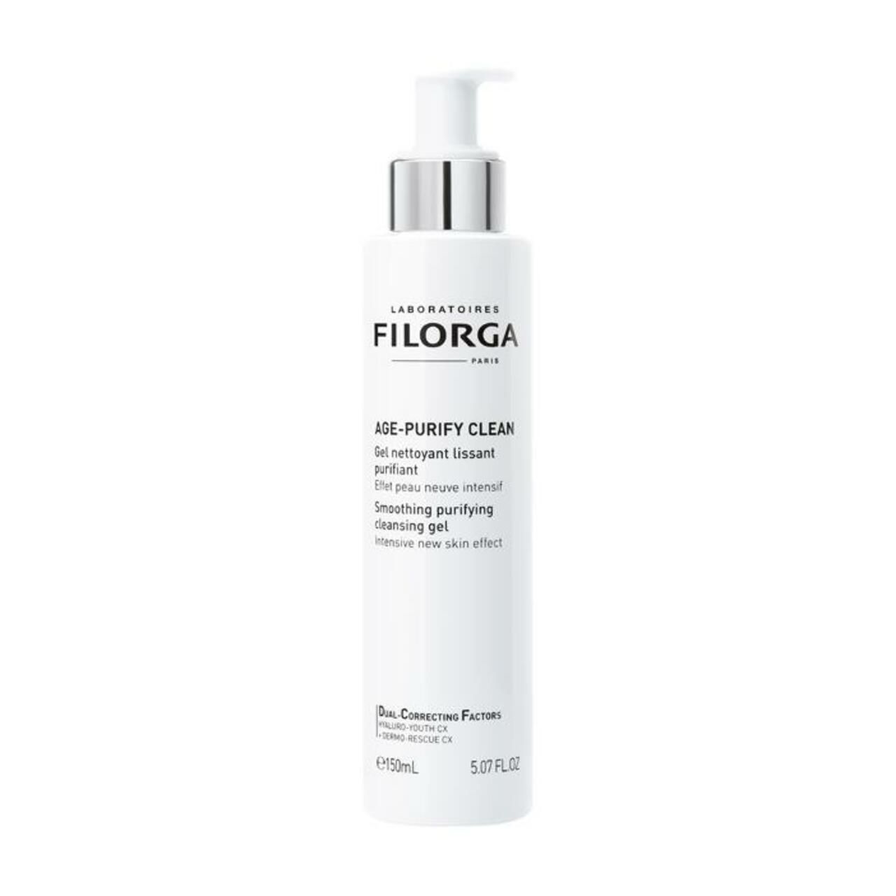 Flacone bianco con pompa contenente gel detergente levigante AGE-PURIFY CLEAN di Filorga, 150ml.