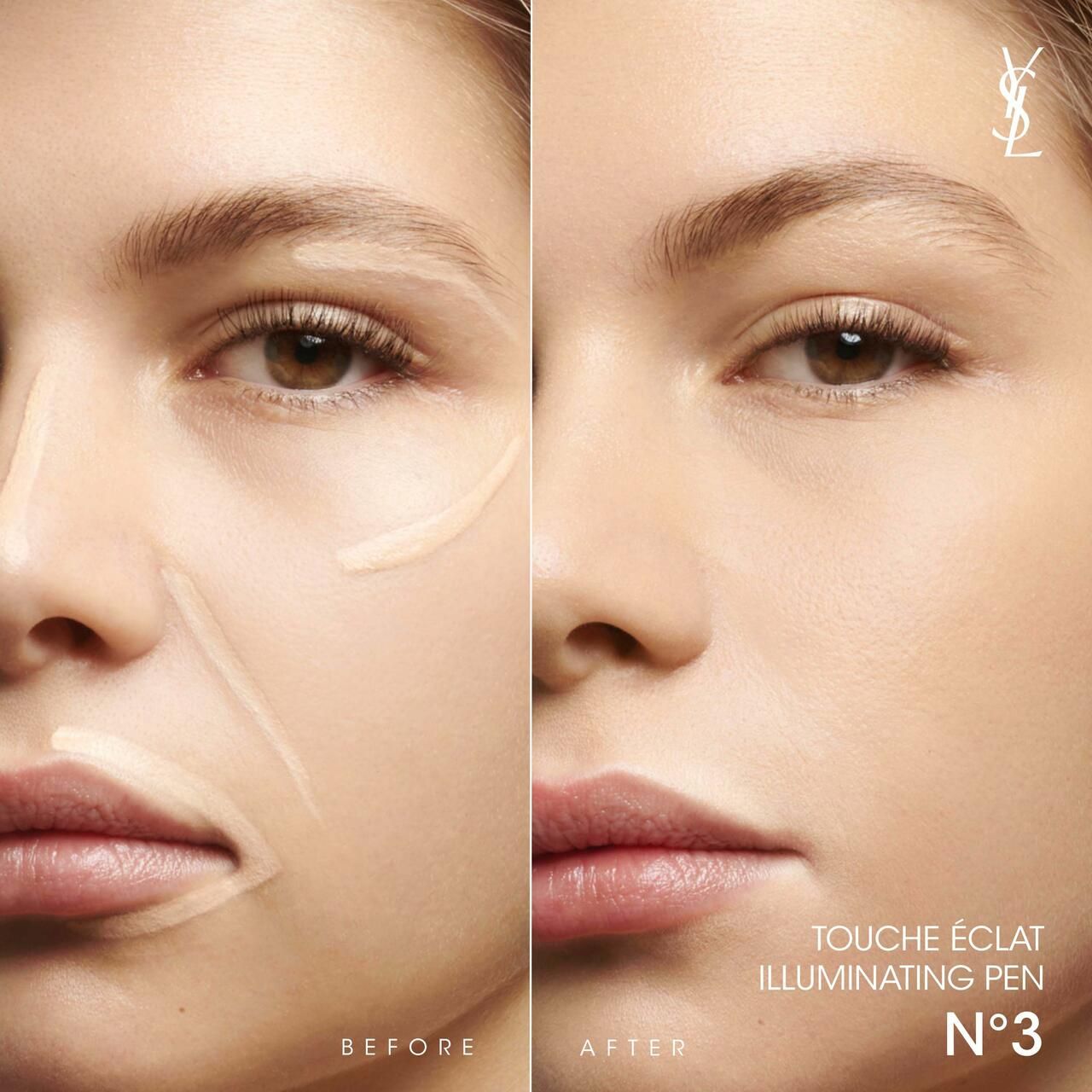 Volto di donna, a sinistra con prodotto applicato, a destra senza. Testo: Touche Éclat Illuminating Pen N°3. Logo YSL.