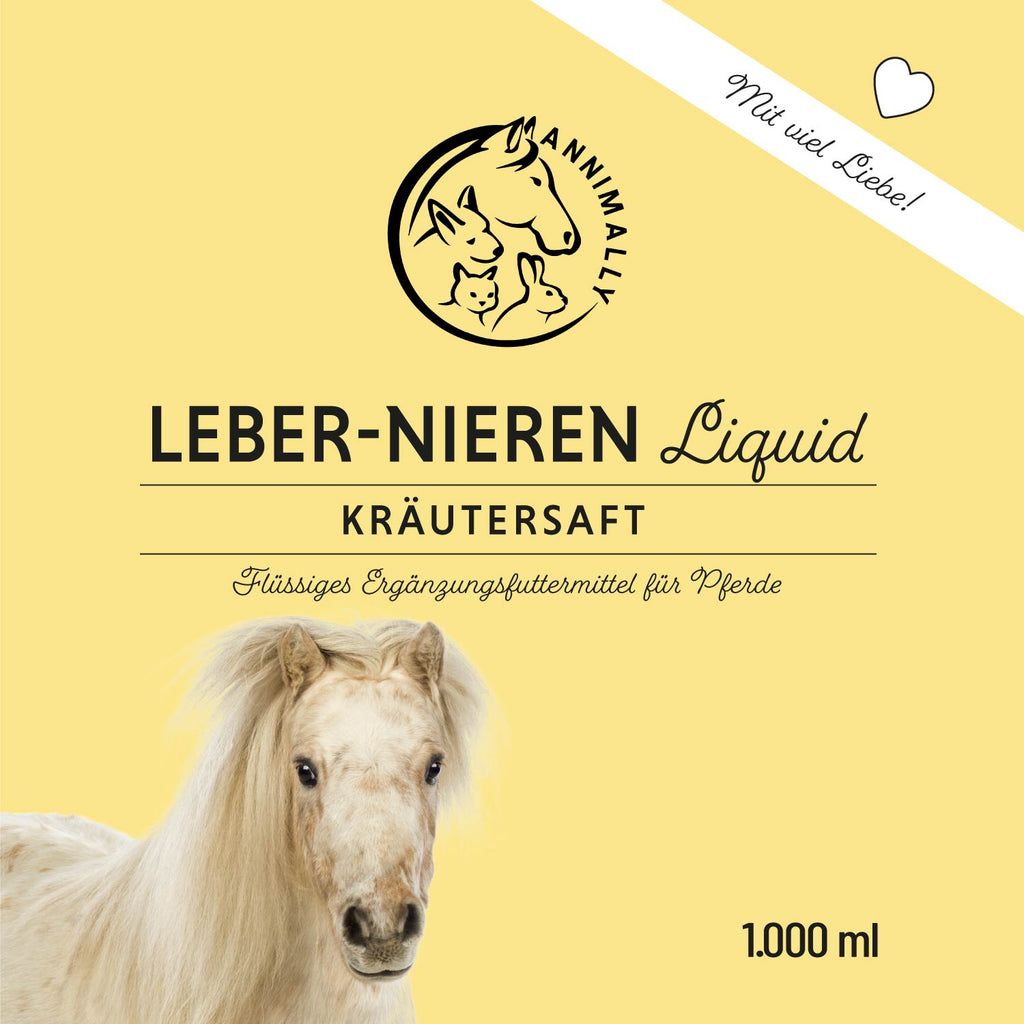 Etichetta gialla con "Annimally Leber-Nieren Liquid". Nome del prodotto, succo di erbe, illustrazione di cavallo e 1.000 ml. Logo con cavallo, coniglio e gatto.