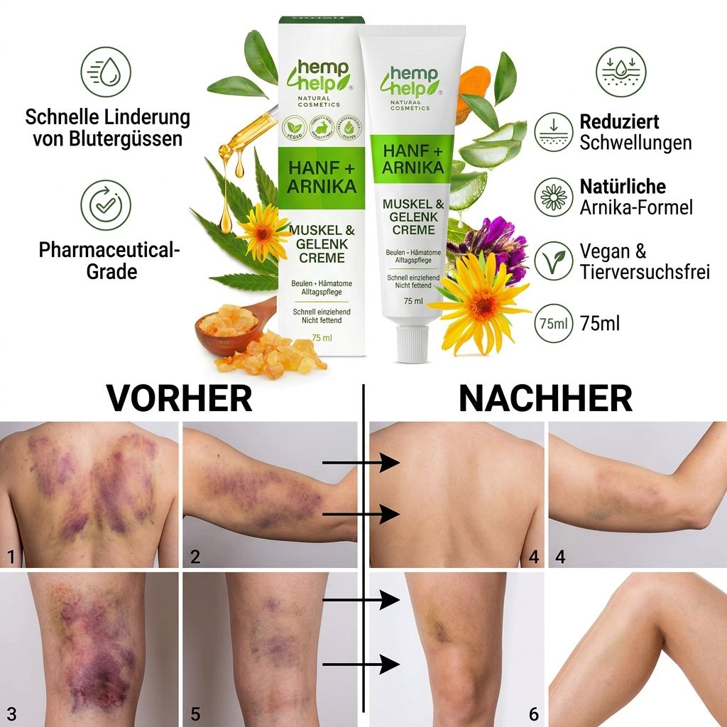 Due tubi di crema alla canapa e arnica, 75 ml. Illustrazioni di foglie di canapa, fiori e ingredienti. Testi: veloce, riduce il gonfiore, vegano.