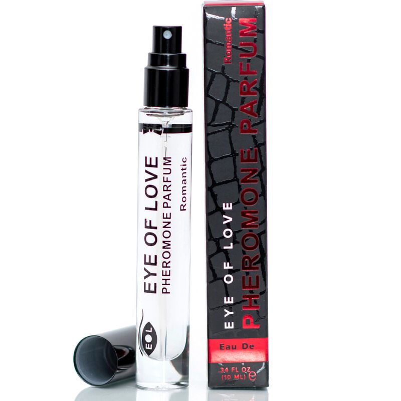 Flacone di profumo con vaporizzatore nero e scatola. Scritta: EYE OF LOVE Pheromone Parfum Romantic. Tappo nero accanto.