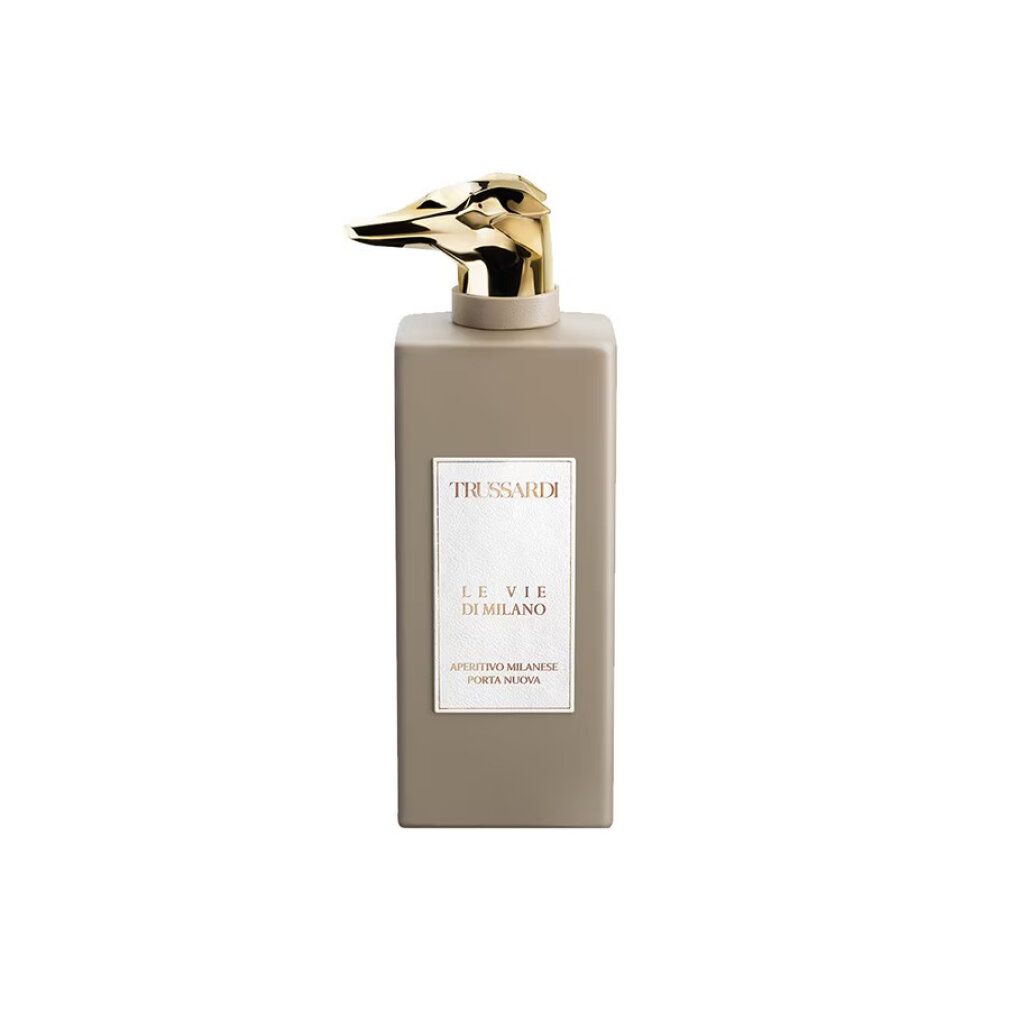 Flacone Trussardi Le Vie Di Milano Eau de Parfum con tappo dorato a forma di testa di animale.