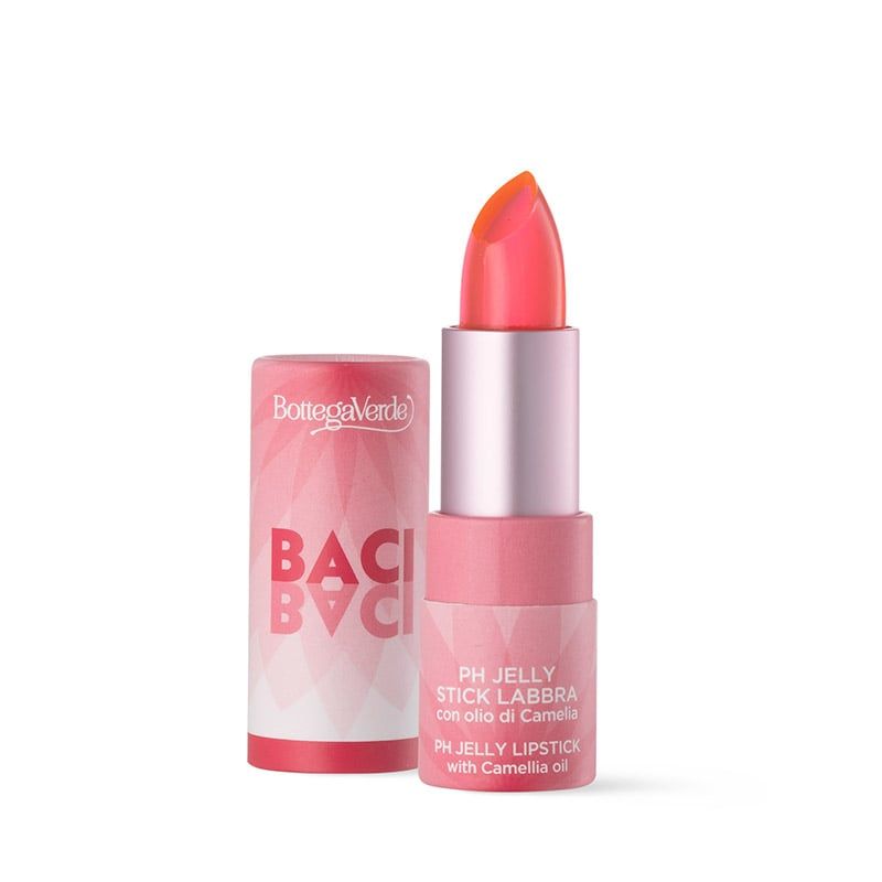 Rossetto rosa aperto, punta colorata. Accanto, astuccio con logo e testo. PH Jelly Stick Labbra.